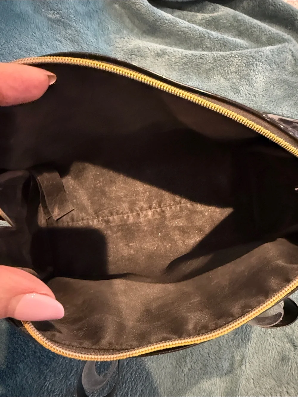 Ted Baker Patent Bow Cosmetic Clutch in Black with Gold Accent